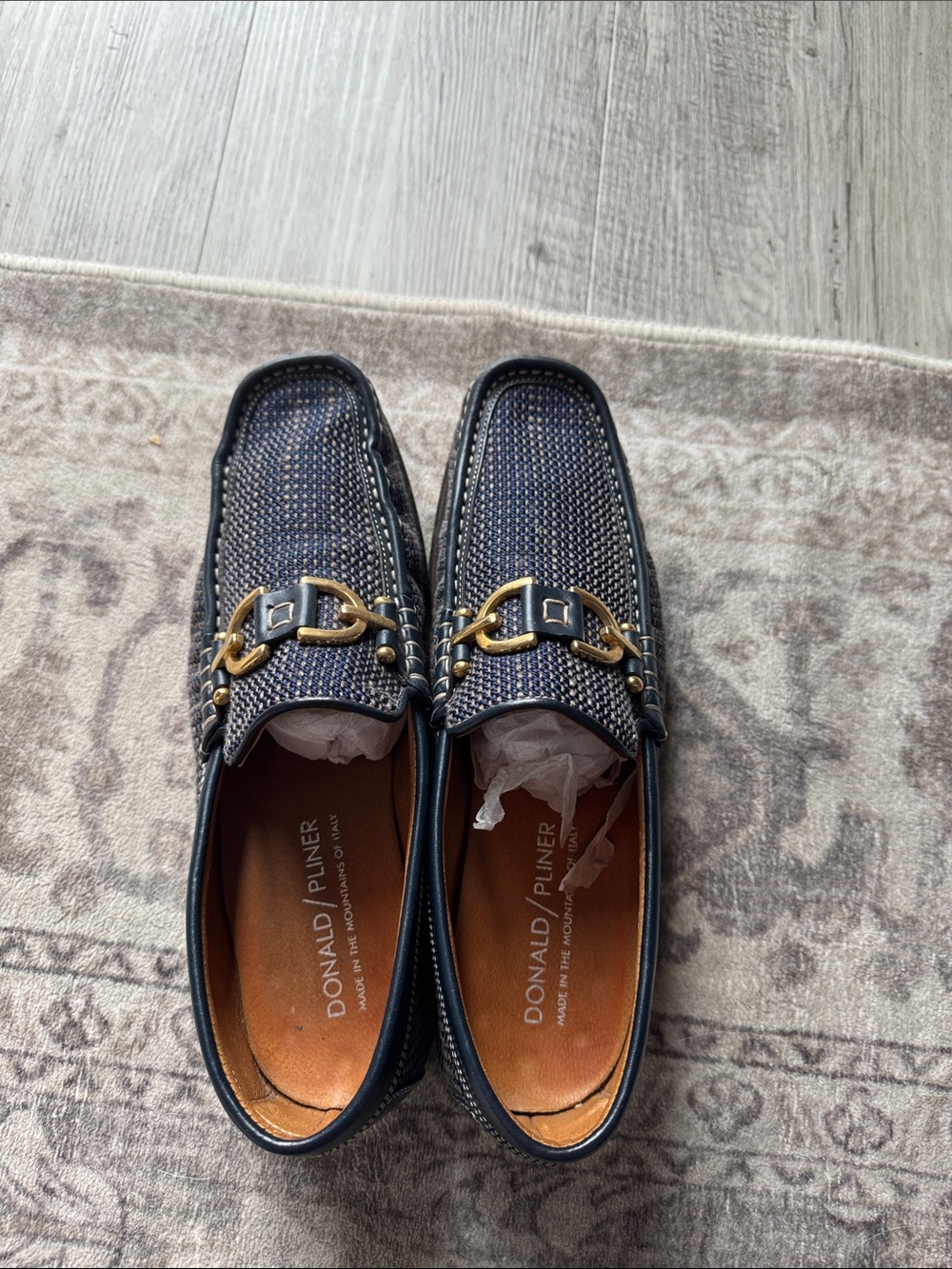 Donald J. Pliner Men's Navy Woven Leather Loafers with Gold Bit